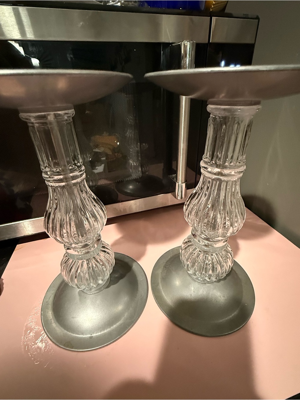 Glass and Gray Metal Candle Holders - Set of 2